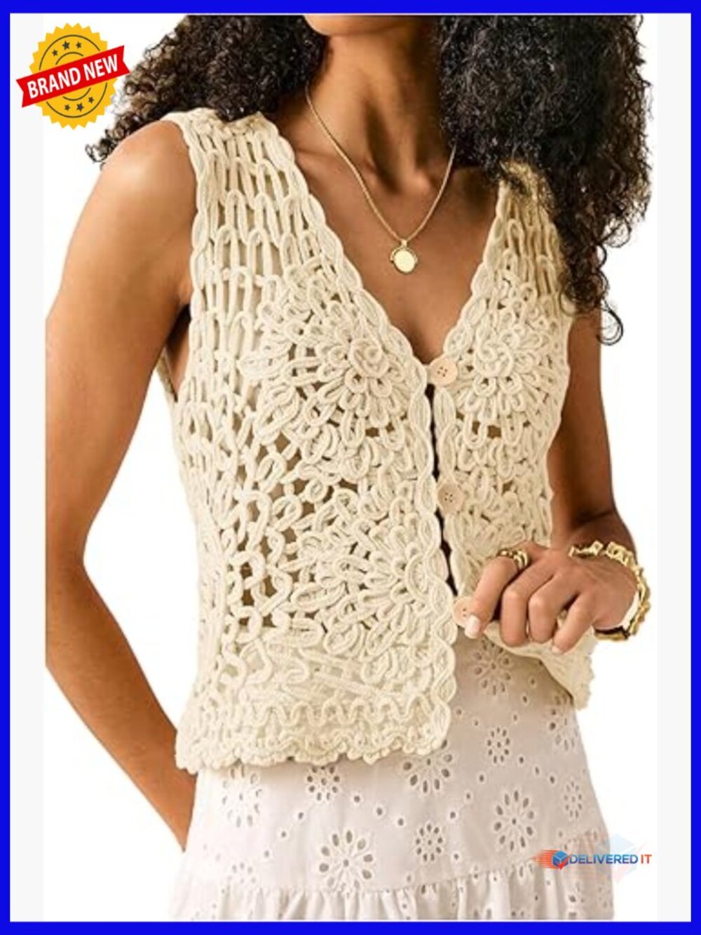 Women's Button Front Crochet Knit Vest Top Hollow Out Sleeveless Boho Tank
